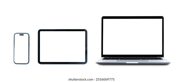 Набор смартфонов, планшетов и ноутбуков с пустым экраном, изолированным на белом фоне, обтравочный контур