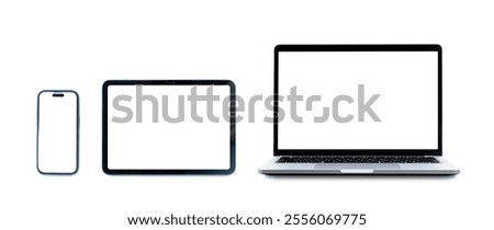 Set of smart devices smartphone, tablet and laptop with blank screen isolated on white background, clipping path