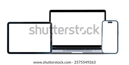 Set of smart devices smartphone, tablet and laptop with blank screen isolated on white background, clipping path