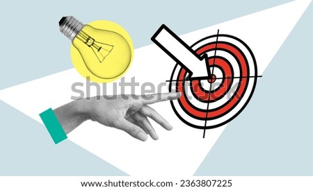 Set smart goals or Time to Set Goals Work Smarter Not Harder. Collage with hand, aim and the lamp.