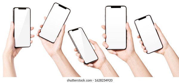 A Set Of Smart Phone With Woman Hand Isolated On White.