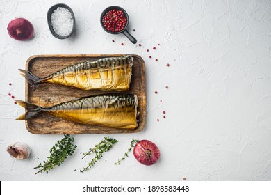 Set of smoked fish mackerel, on white background, top view flat lay with copy space for text