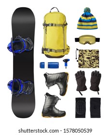 Set Of Snowboard Accessories And Equipment. Backpack, Boots, Ski Goggles, Etc. Isolated On White Background