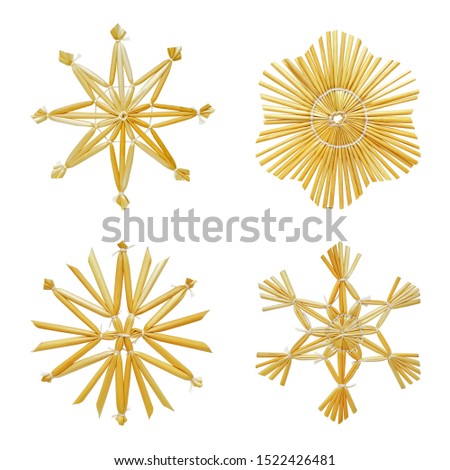 Set of snowflakes made of straw isolated on white background. Handmade New Year and Christmas decorations. Eco friendly Christmas tree decor. Stock photo © 