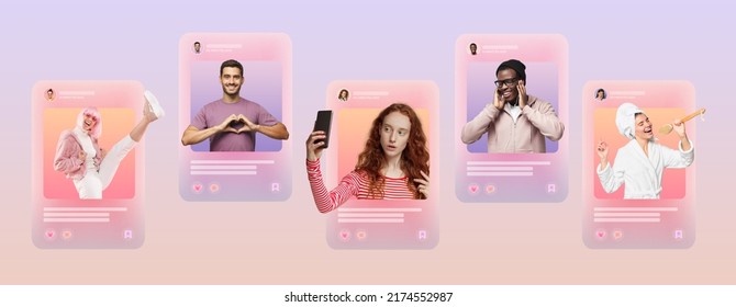 Set of social media posts of diverse people, active users or bloggers, influencers creating selling content, sharing with their followers, with like, comment, save icons below - Shutterstock ID 2174552987