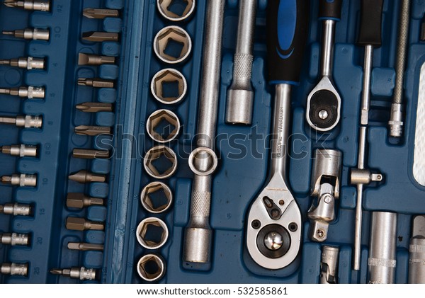 set of socket\
wrench in plastic box\
closeup