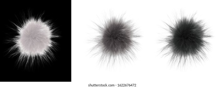 Set of soft pompons. Fluffy black, white and gray balls of fur isolated on a black and white background. Decor, rabbit tail, handmade. - Shutterstock ID 1622676472