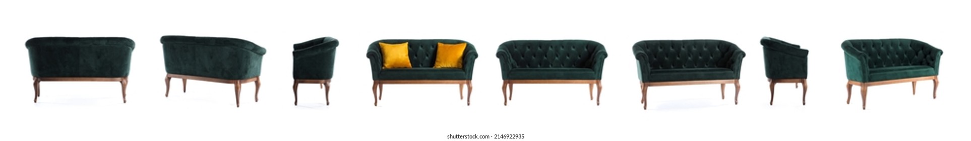 Set Of Soft Sofa Isolated On White, View From Different Angles 