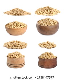 Set with soya beans on white background 