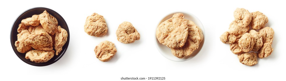 Set of soya chunks isolated on white background, top view