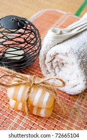 Set for SPA services, ready to use, candle, towel and soap.Fragment.
