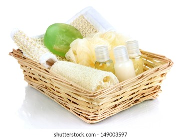 Set  For Spa In Wicker Basket, Isolated On White