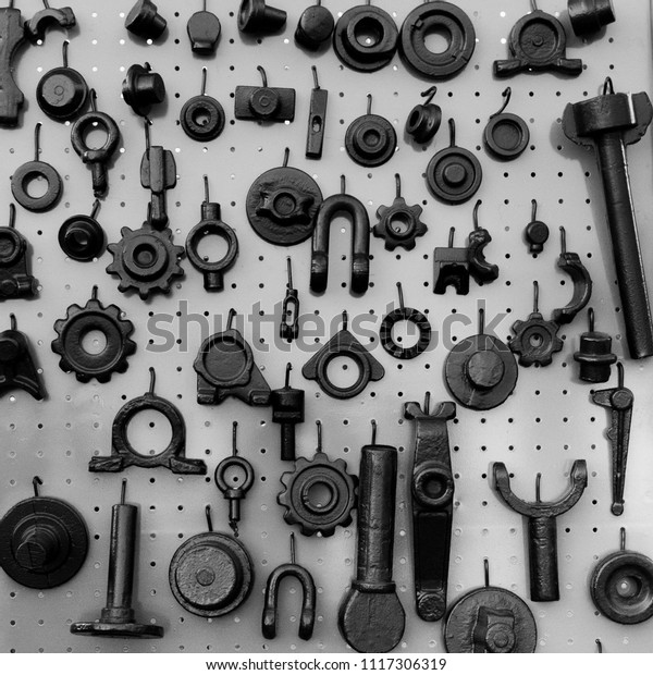 set of spare parts for agricultural machines black
and white
