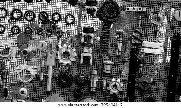 set of spare parts for agricultural machines black\
and white