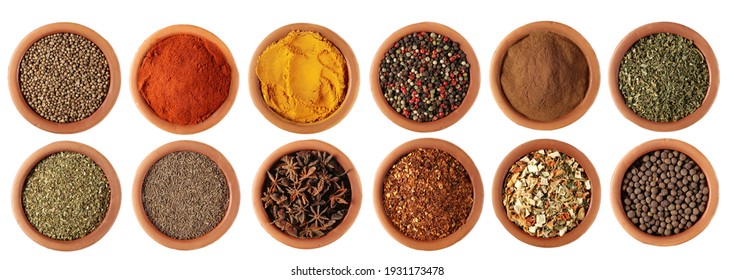 Set spice, coriander, red paprika powder, turmeric, colorful mixed pepper grains, cinnamon, dry chives, oregano, cumin, star anise, spicy chili pepper flake, vegetable mix, allspice, isolated on white - Shutterstock ID 1931173478