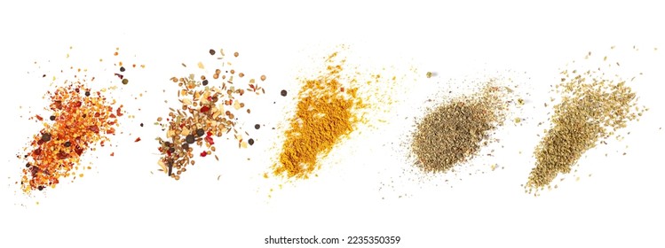 Set spice, spicy mixture of spices,  garam masala, caribbean curry pile, caribbean mix seasoning, oregano isolated on white, clipping - Powered by Shutterstock