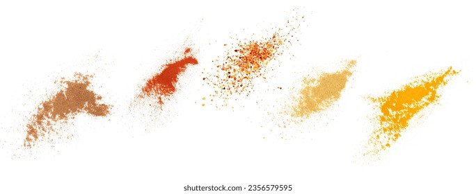 Set spices pile, nutmeg, red paprika powder, hot spicy mixture, ginger, turmeric, isolated on white, top view, clipping path - Powered by Shutterstock