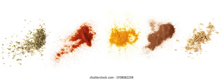 Set Spices Pile, Oregano, Red Paprika Powder, Turmeric, Cinnamon, Ginger, Isolated On White Background, Top View Texture