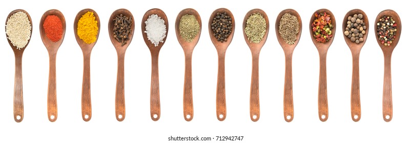 Set of spoons with different spices  isolated on white, top view, high resolution - Powered by Shutterstock