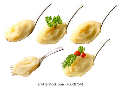 Set of spoons with mashed potato (puree). Clipping paths for each spoon, infinite depth of field