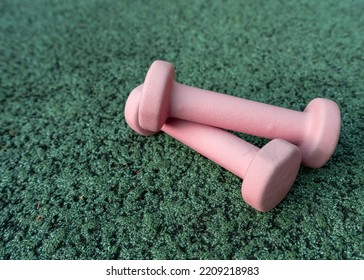 Set Of Sport Accessories On Green Background. Fitness Equipment. Pink Dumbbells. Sport Gear, Close Up