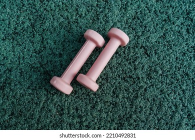 Set Of Sport Accessories On Green Background. Fitness Equipment. Pink Dumbbells. Sport Gear, Close Up