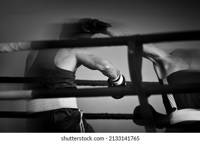 Set of sports black-white background. Silhouettes of boxers in the ring. Restro style and photo film noise.  - Powered by Shutterstock