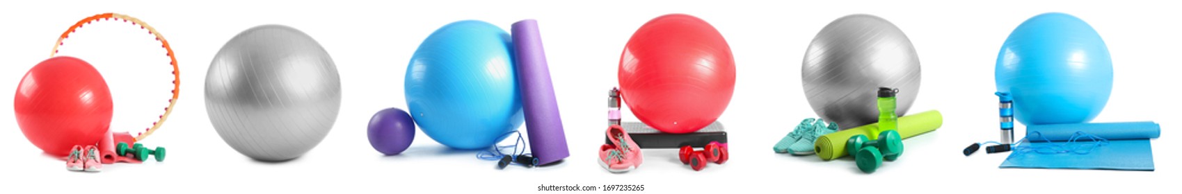 Set Of Sports Equipment With Fitness Balls On White Background