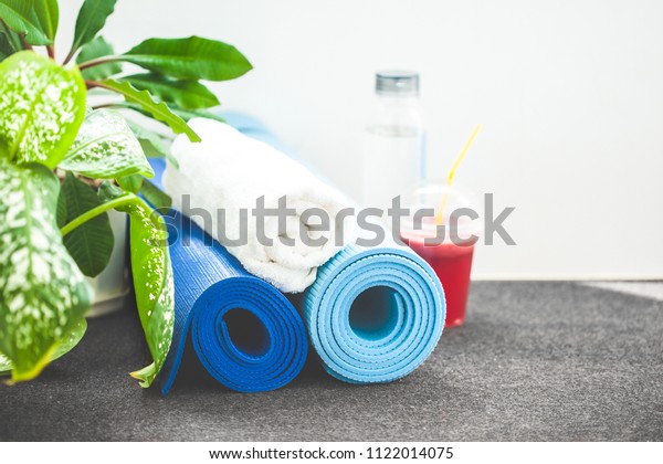 Set Sports Yoga Mat Towel Smoothies Stock Photo Edit Now 1122014075