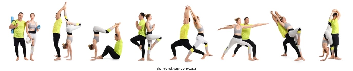 Set of sporty couple practicing yoga on white background - Powered by Shutterstock