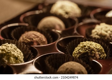 Set Of Sprinkled Chocolates In Tray Close Up, Guilty Pleasure, Sweet Food