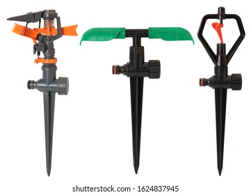 Set Of Sprinklers Isolated On White Background. Equipment For Watering Garden. Closeup Of A Automatic Sprinkler For Irrigation Of Lawn Or Grass