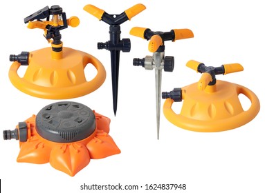 Set Of Sprinklers Isolated On White Background. Equipment For Watering Garden. Closeup Of A Automatic Sprinkler For Irrigation Of Lawn Or Grass