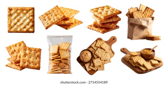 Set of square crackers, crispy flat baked thin biscuit snack staple food, takeaway bag package, wood serve board with peanut butter, stack pile broken, isolated cutout Mockup