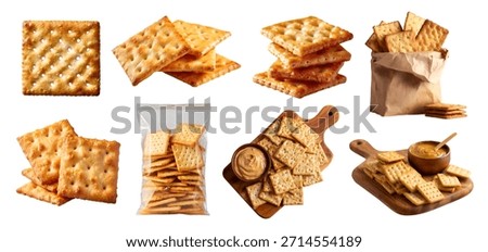 Set of square crackers, crispy flat baked thin biscuit snack staple food, takeaway bag package, wood serve board with peanut butter, stack pile broken, isolated cutout Mockup