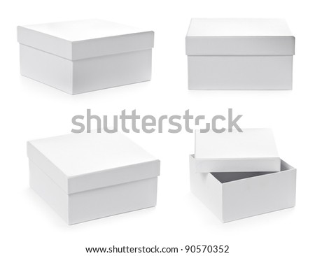 Set of square pasteboard gift boxes isolated on white background with clipping path. Different views.