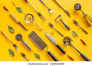 Set of stainless utensils cookware and tools, flat lay - Shutterstock ID 2109691898