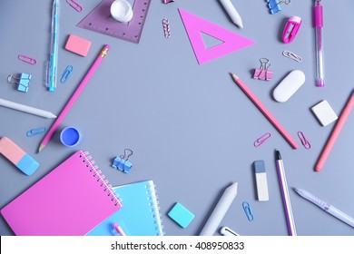 Set Of Stationery On Grey Table, Top View