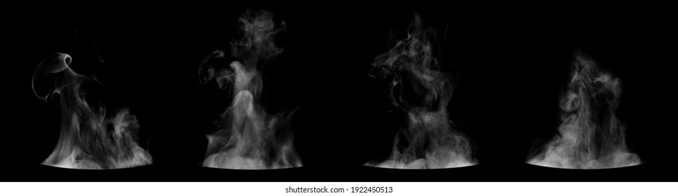 Set of steam from round dishes - pots, mugs or cups isolated on black background - Shutterstock ID 1922450513