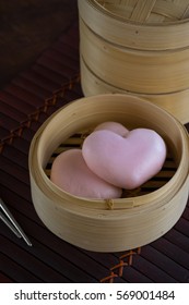 Set Steamed Stuff Bun ,pink Heart On Valentine's Day ,chinese Food Dim Sum In Bamboo Steamer 