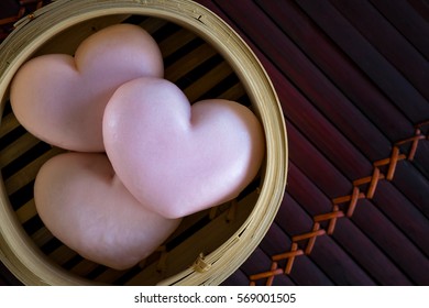 Set Steamed Stuff Bun ,pink Heart On Valentine's Day ,chinese Food Dim Sum In Bamboo Steamer 