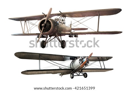 Set of steel ancient airplane isolated on white background