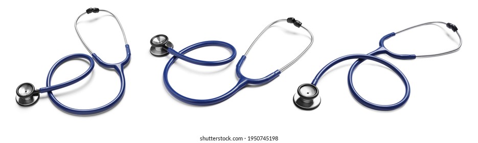 Set with stethoscopes on white background. Banner design