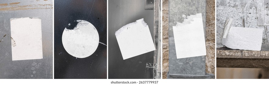 Set of Sticker Mockup Template Texture Paper. Street Urban Round Square Rectangle Grunge Torn Glued Logo