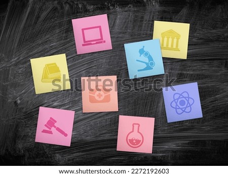 Set of sticking notes with colored educational subjects symbols