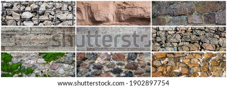 Set of stone wall textures. Weathered rough masonry surfaces. Collection of wide panoramic backgrounds for design.