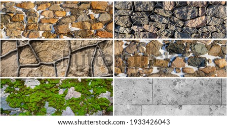 Set of stone wall textures. Weathered rough masonry surfaces. Collection of panoramic backgrounds for design.
