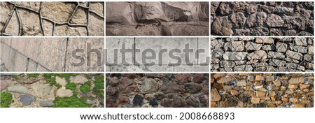 Set of stone wall textures. Weathered rough masonry surfaces. Collection of wide panoramic backgrounds for design.