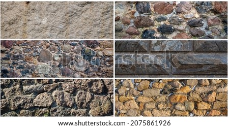 Set of stone wall textures. Weathered rough masonry surfaces. Collection of panoramic backgrounds for design.