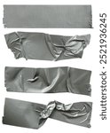 Set of straight torn and wrinkled silver grey repair duct tape pieces isolated. Set of metallic tapes on white background. 